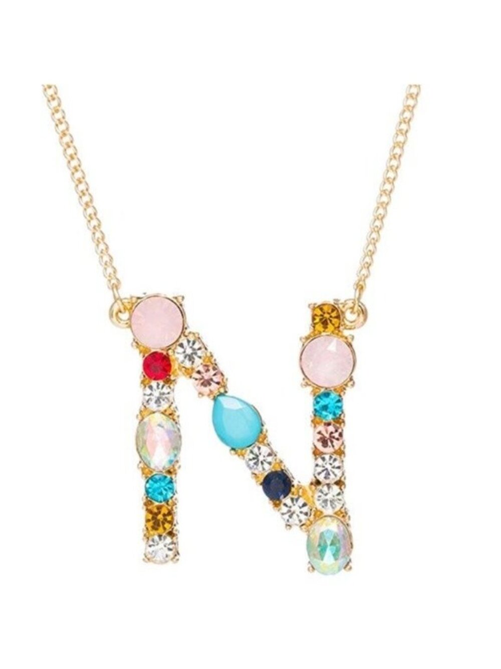 Large Initial Letter "N" Name Multi Color Rhinestone Gold Tone Necklace